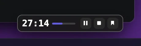 Scribe’s small window over a video call: elapsed time, pause, stop and bookmark