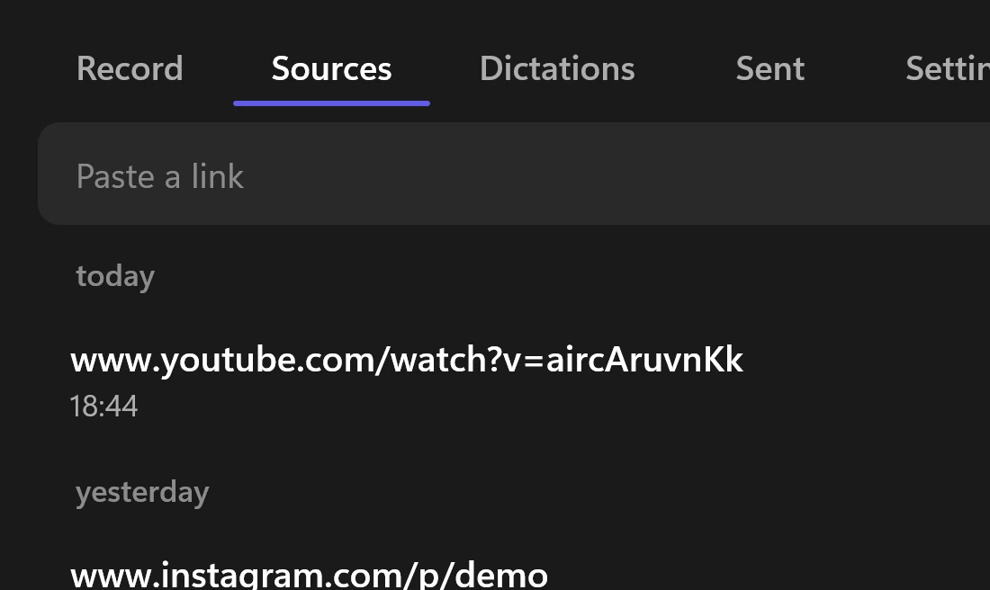 The Sources tab of Scribe on Windows: a field that takes a link, a YouTube video and an Instagram post
