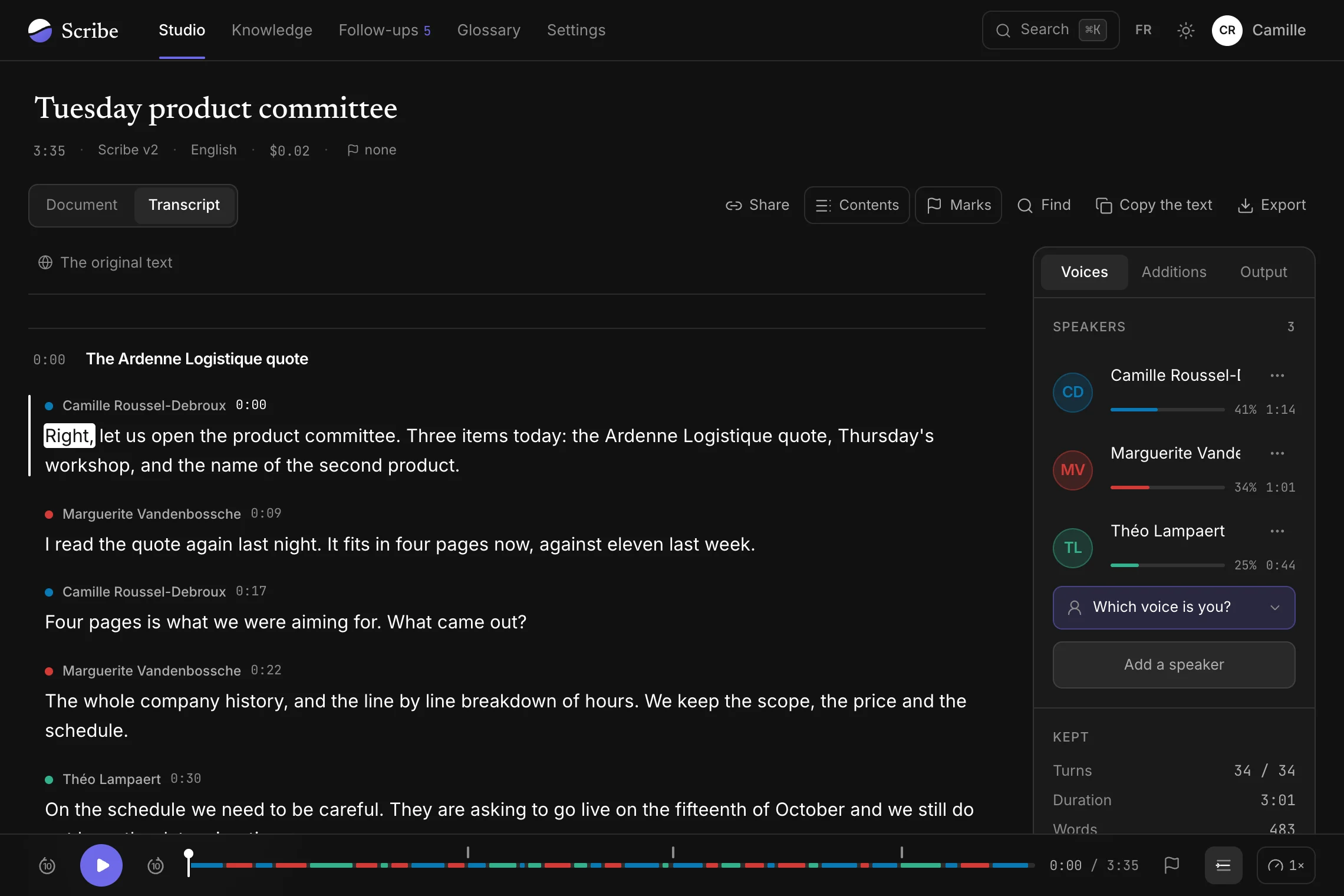 Scribe’s transcript editor: the product committee’s text, a word highlighted as it plays, the speakers panel and the band of voices